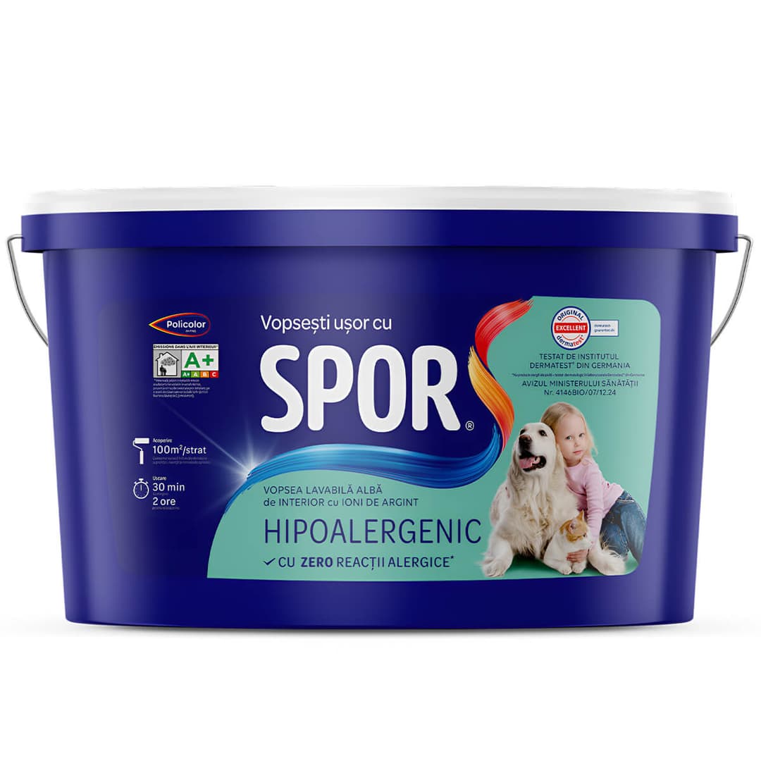 SPOR HIPOALERGENIC 4l, vopsea lavabila alba de int. cu Ioni de Argint 