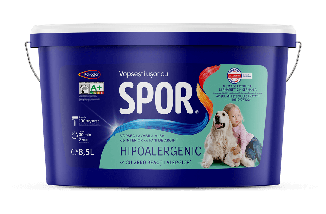 SPOR HIPOALERGENIC 8.5l, vopsea lavabila alba de int. cu Ioni de Argint 